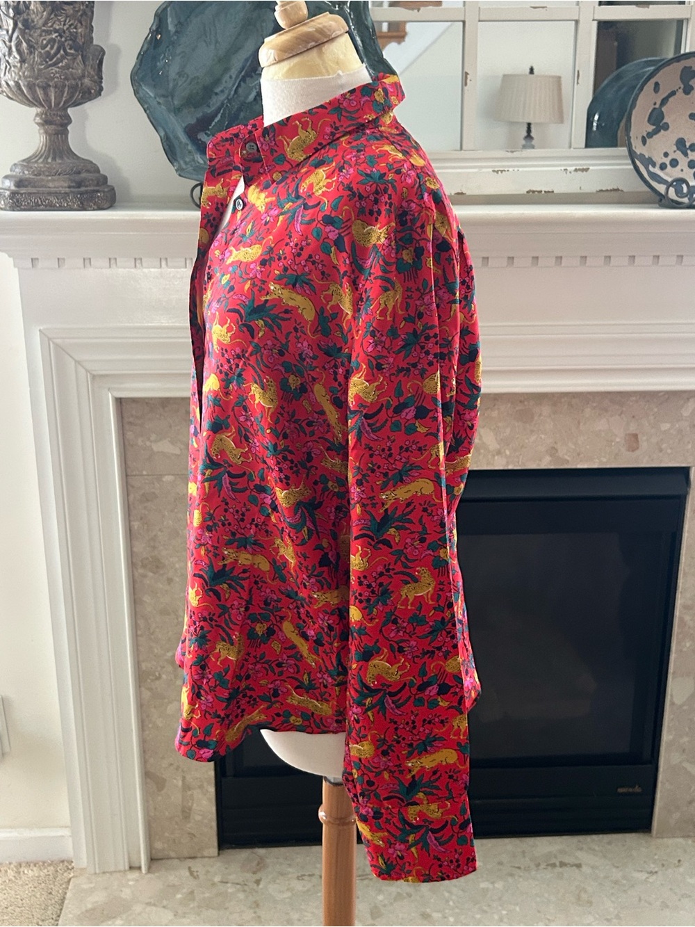 J. Crew Red Multicolor Jungle Cat Floral Silk-Twill Shirt - Picture 6 of 11